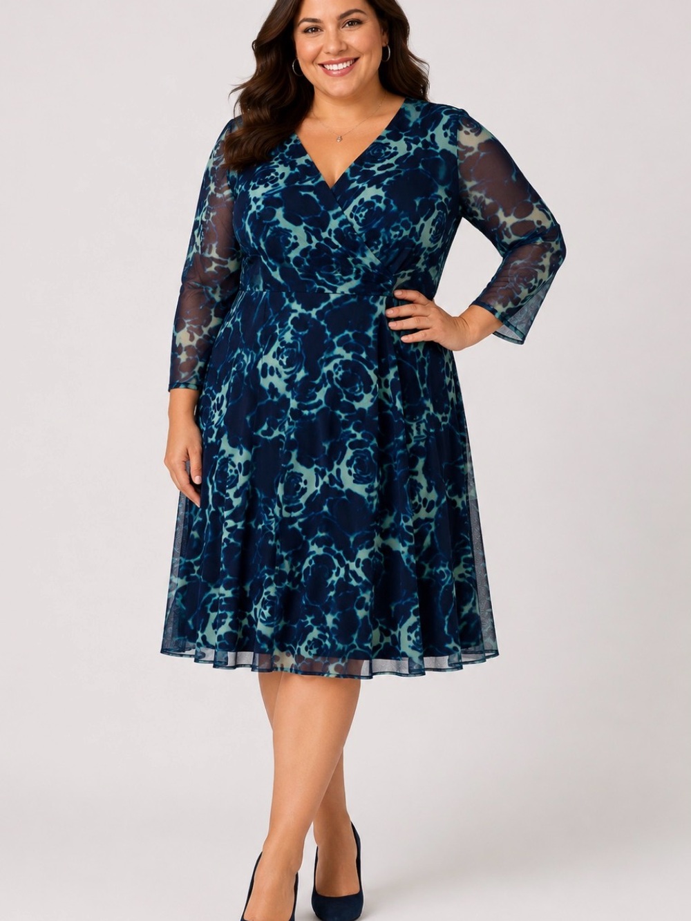 Jones New York 16W Navy & Teal Floral Mesh Overlay Wrap-Style Dress – NWT